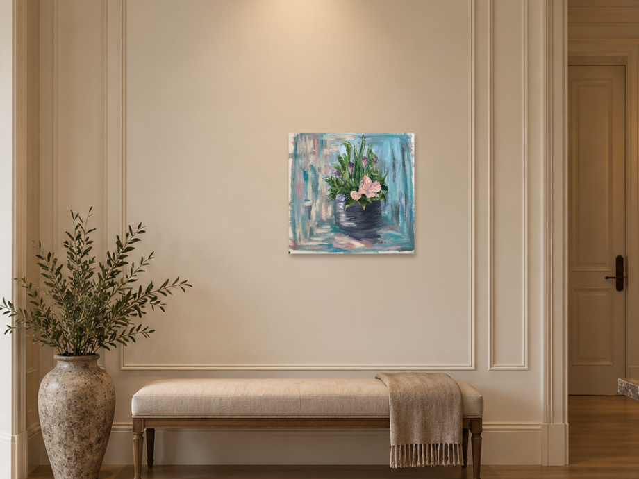 Illustrative interior mockup of Bloom in Abstraction by Inna Luzhetska in a gallery hallway.