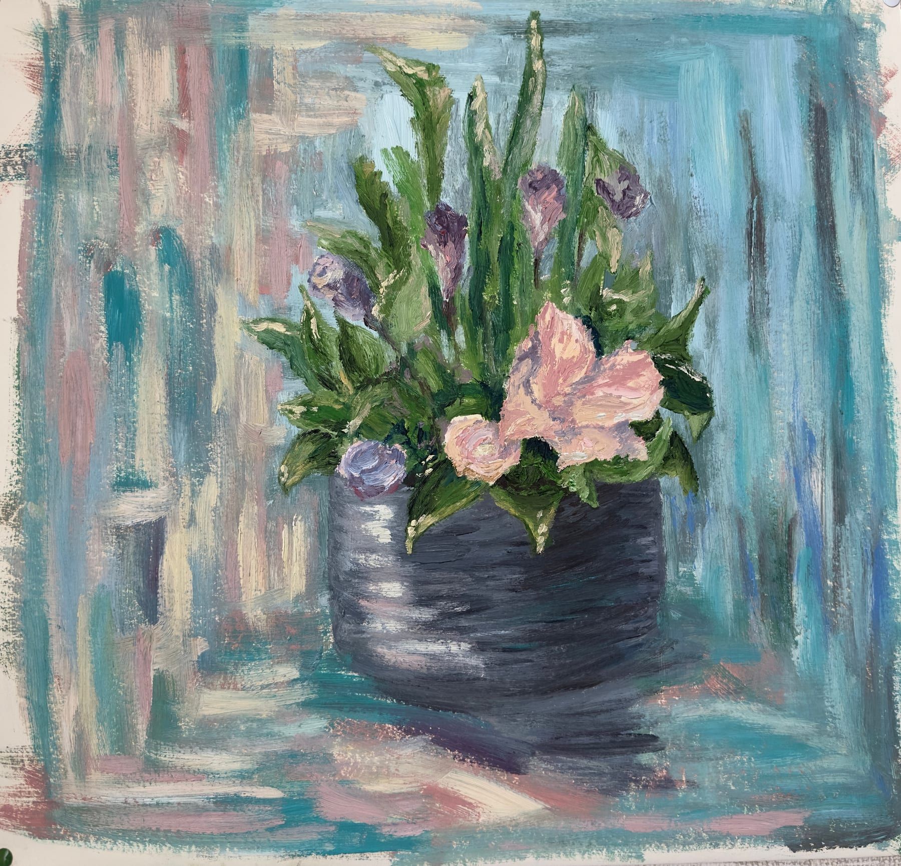 A flower emerging from abstract, richly textured layers of colour in an oil painting.