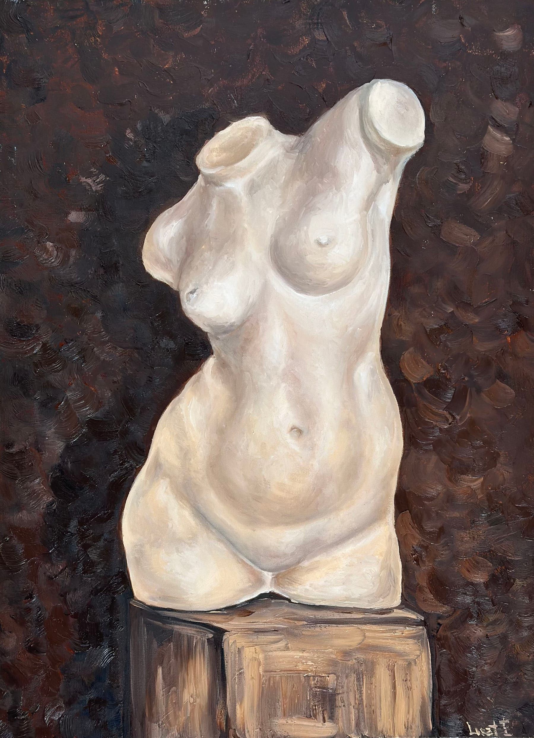 Oil painting of a classical female statue fragment, illuminated by soft light and shadow.