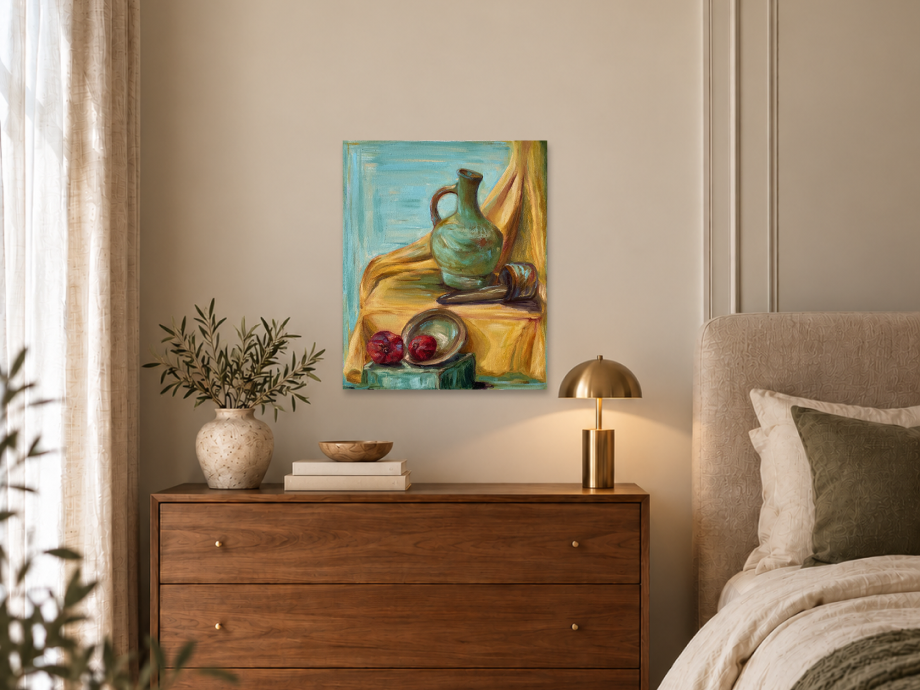 Illustrative interior mockup of Harmony in Stillness by Inna Luzhetska in a bedroom.