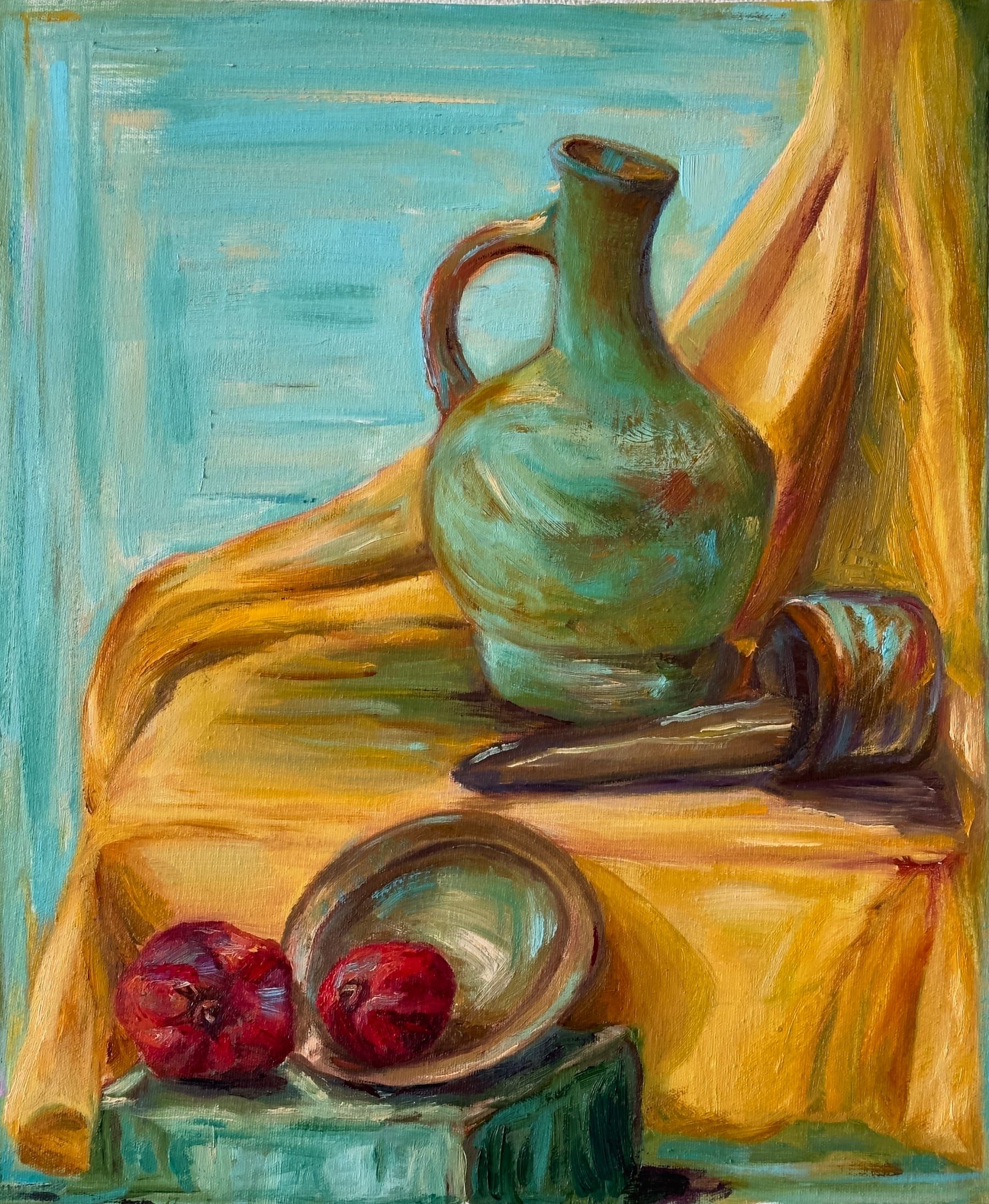 Warm-toned oil still life with delicate forms and accents of blue and yellow.