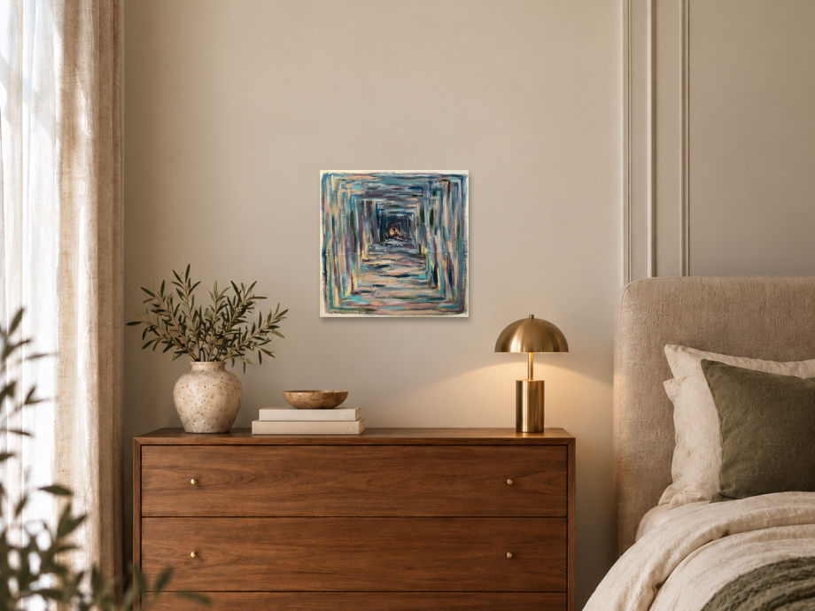 Illustrative interior mockup of Inner Gaze by Inna Luzhetska in a bedroom.