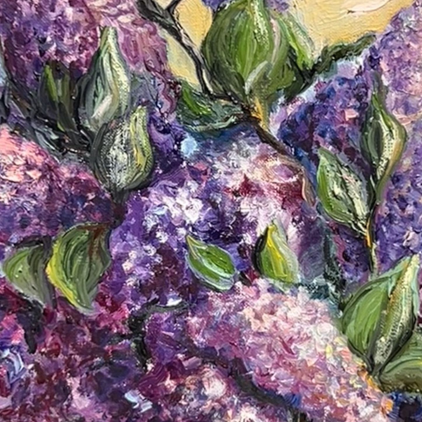 Close-up photograph of the original oil paint brushwork and surface texture in Lilacs in Bloom by Inna Luzhetska.