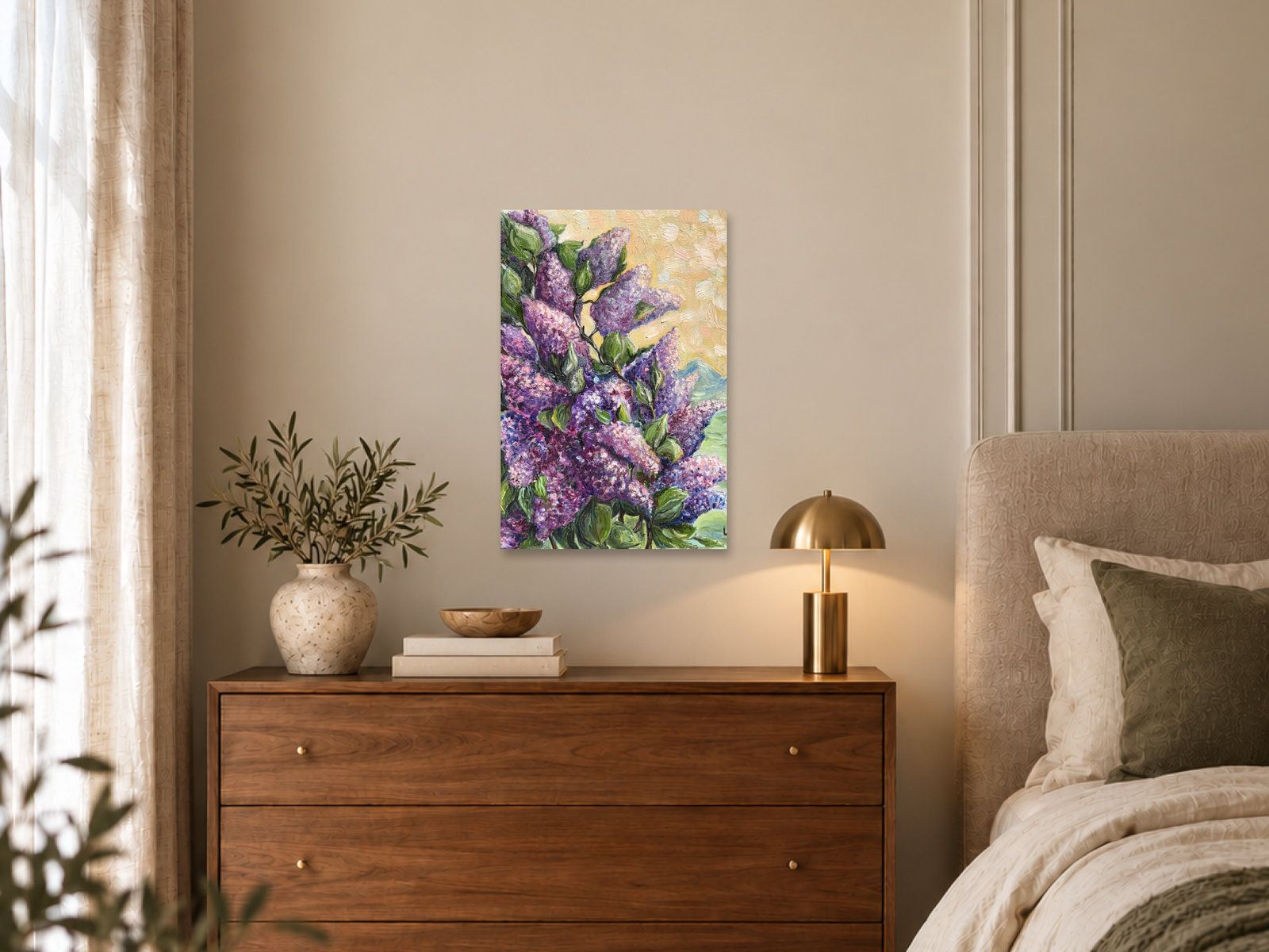 Illustrative interior mockup of Lilacs in Bloom by Inna Luzhetska in a bedroom.