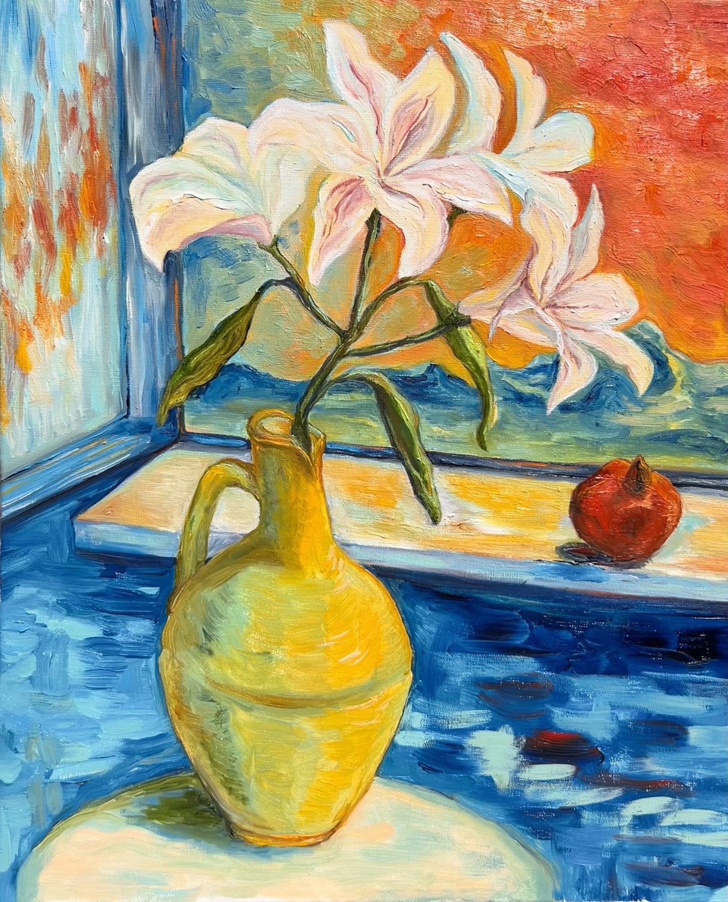 White and pale pink lilies in a yellow pitcher beside a red pomegranate and blue window shadows.