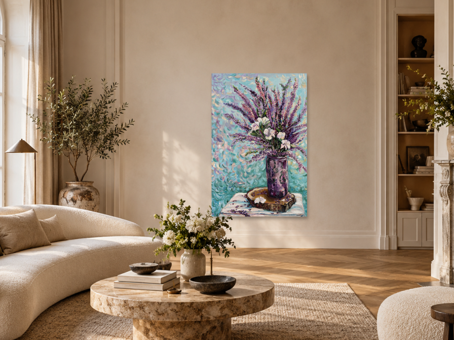 Illustrative interior mockup of Radiant Blooms by Inna Luzhetska in a parisian living room.