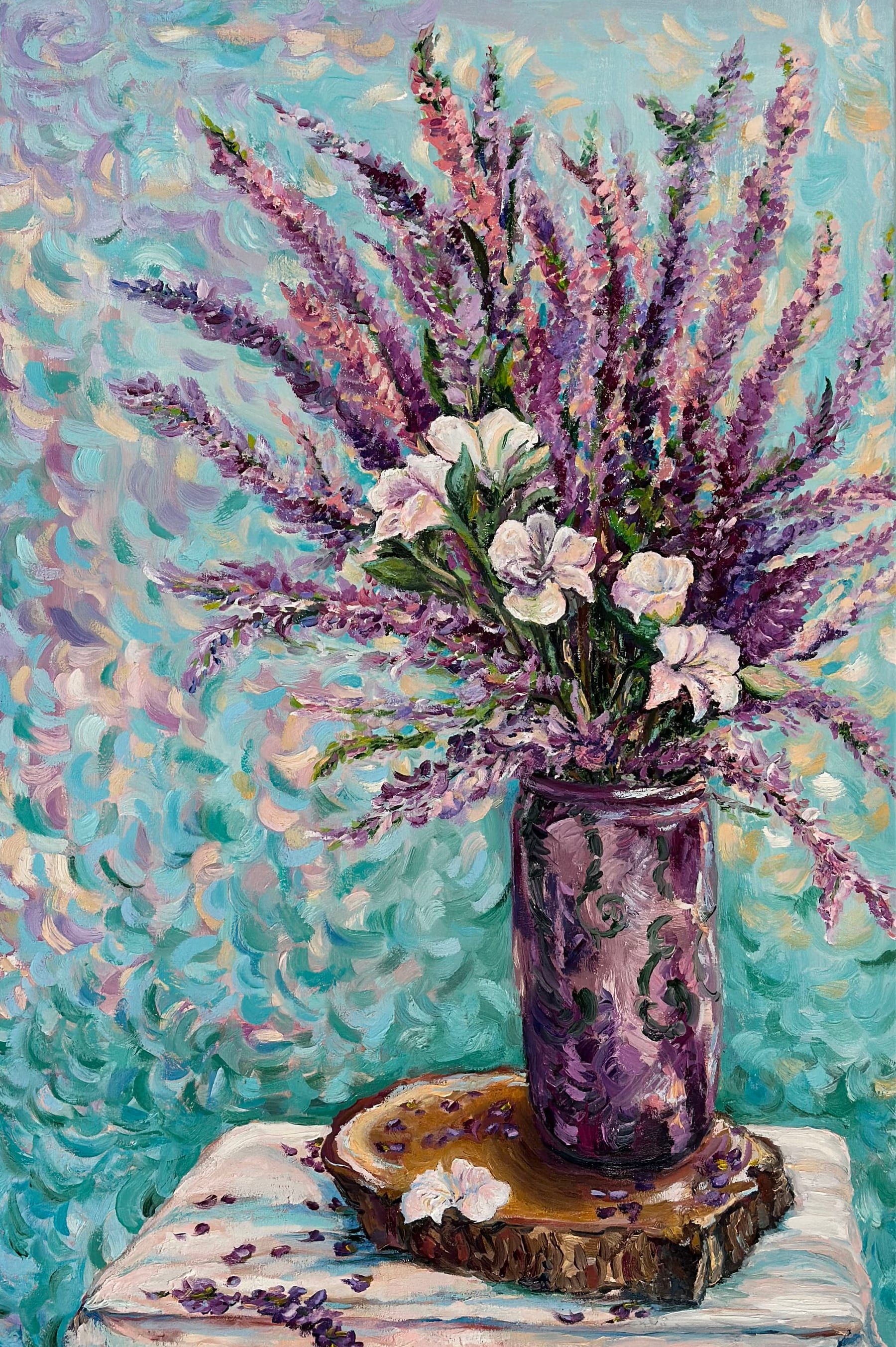 Oil still life of a luminous bouquet of flowers in a vase, with expressive colourful brushstrokes.