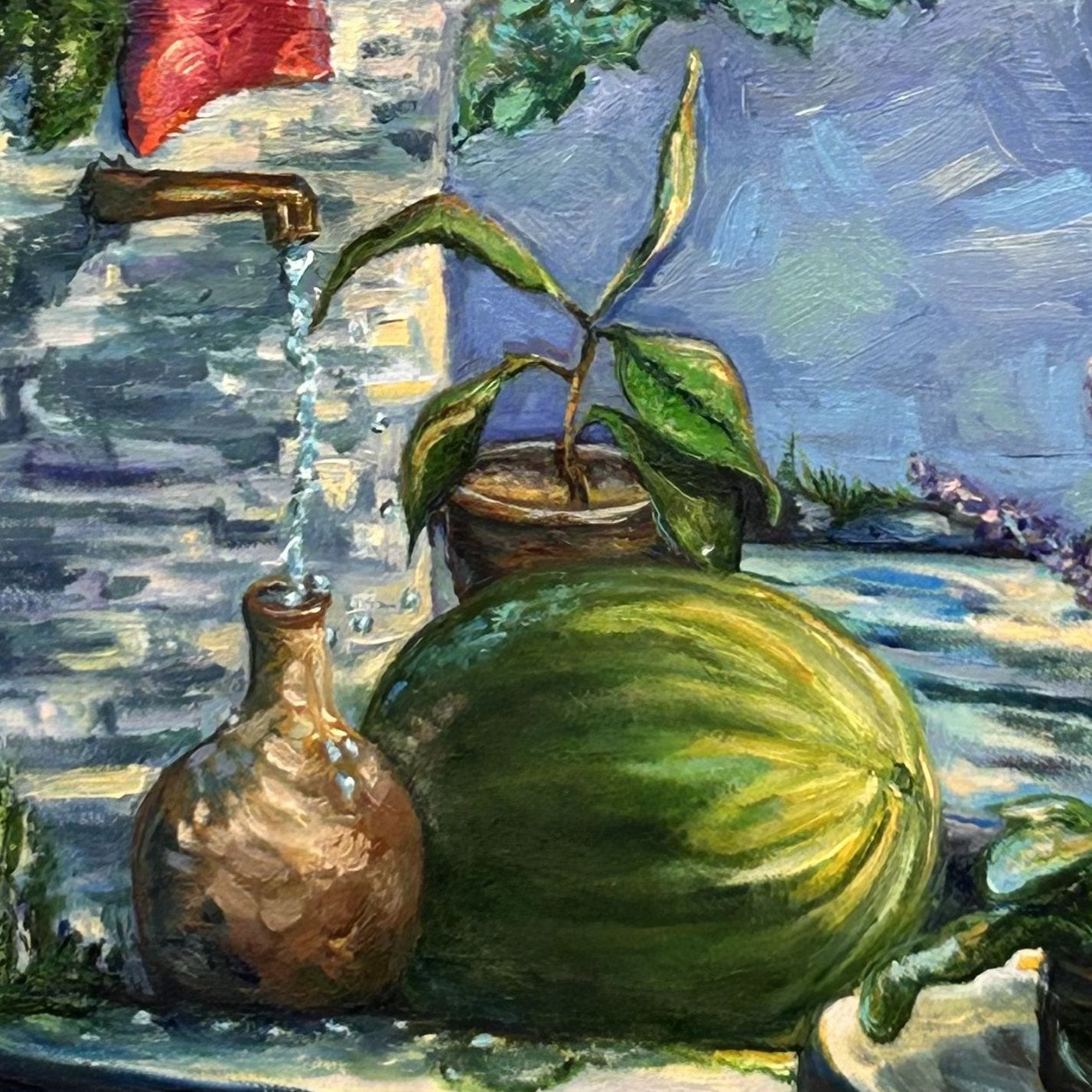 Close-up photograph of the original oil paint brushwork and surface texture in The Garden Table by Inna Luzhetska.