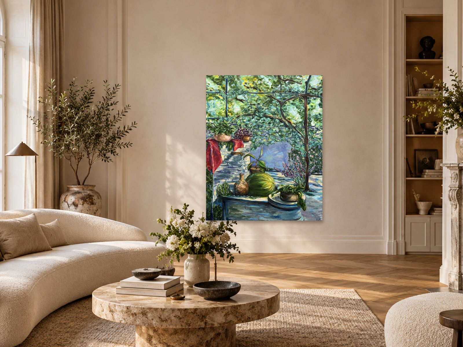 Illustrative interior mockup of The Garden Table by Inna Luzhetska in a Parisian living room.