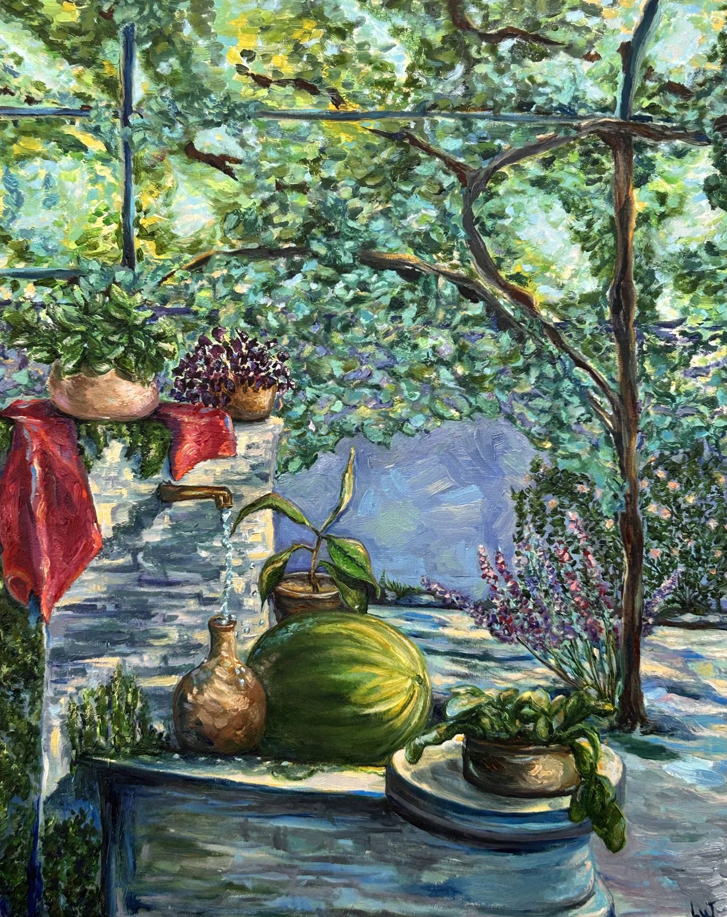 Green watermelon, pottery and potted plants on a shaded garden table surrounded by foliage.