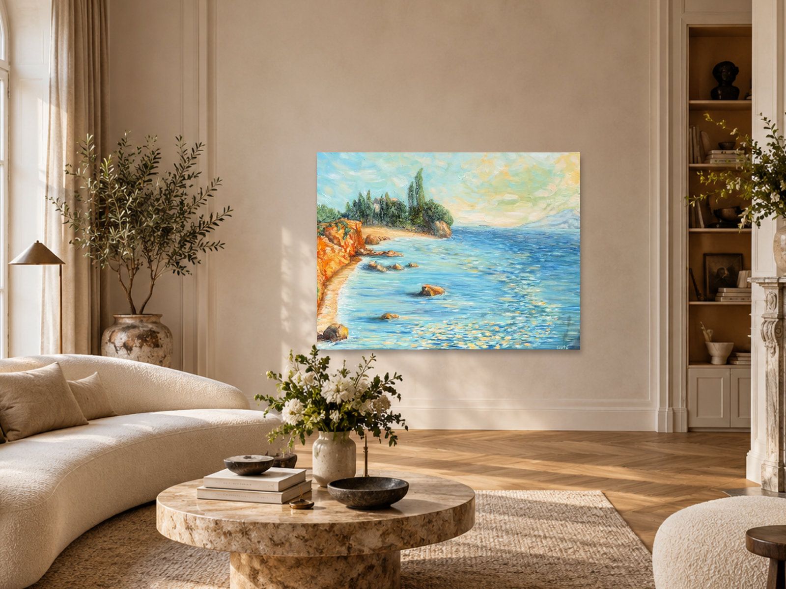 Illustrative interior mockup of The Quiet Cove by Inna Luzhetska in a Parisian living room.