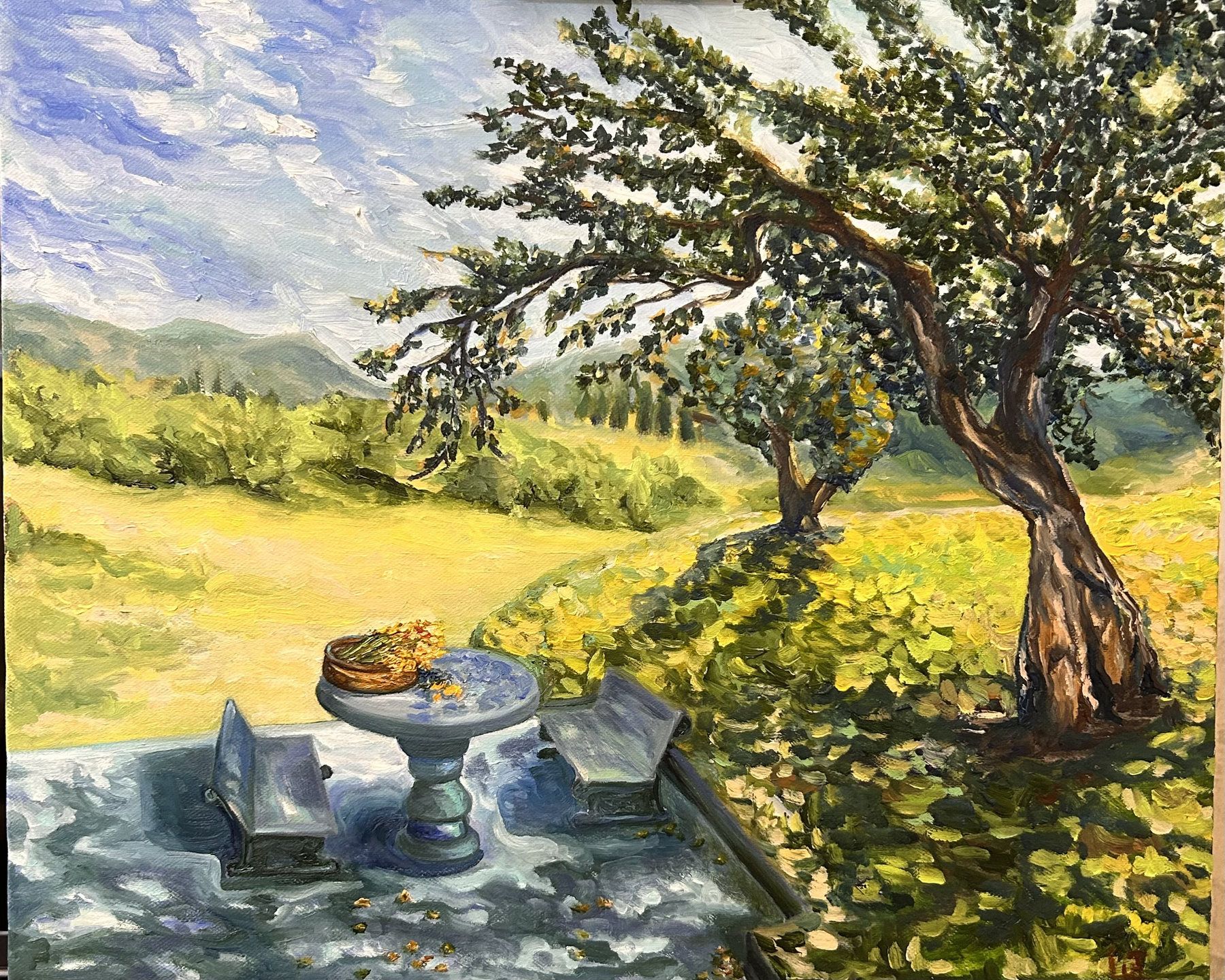 Two garden chairs and a small round table beneath a broad tree overlooking a sunlit meadow.