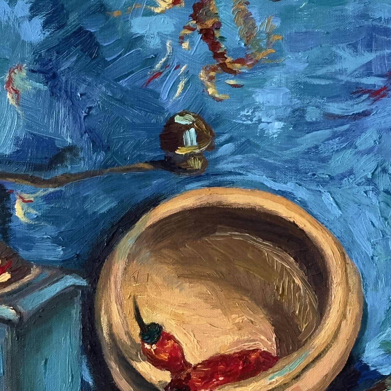 Close-up photograph of the original oil paint brushwork and surface texture in Victory Still Life by Inna Luzhetska.