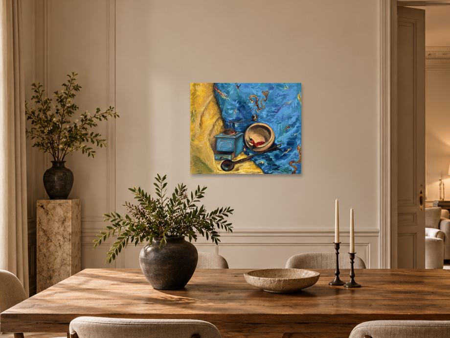 Illustrative interior mockup of Victory Still Life by Inna Luzhetska in a european dining room.