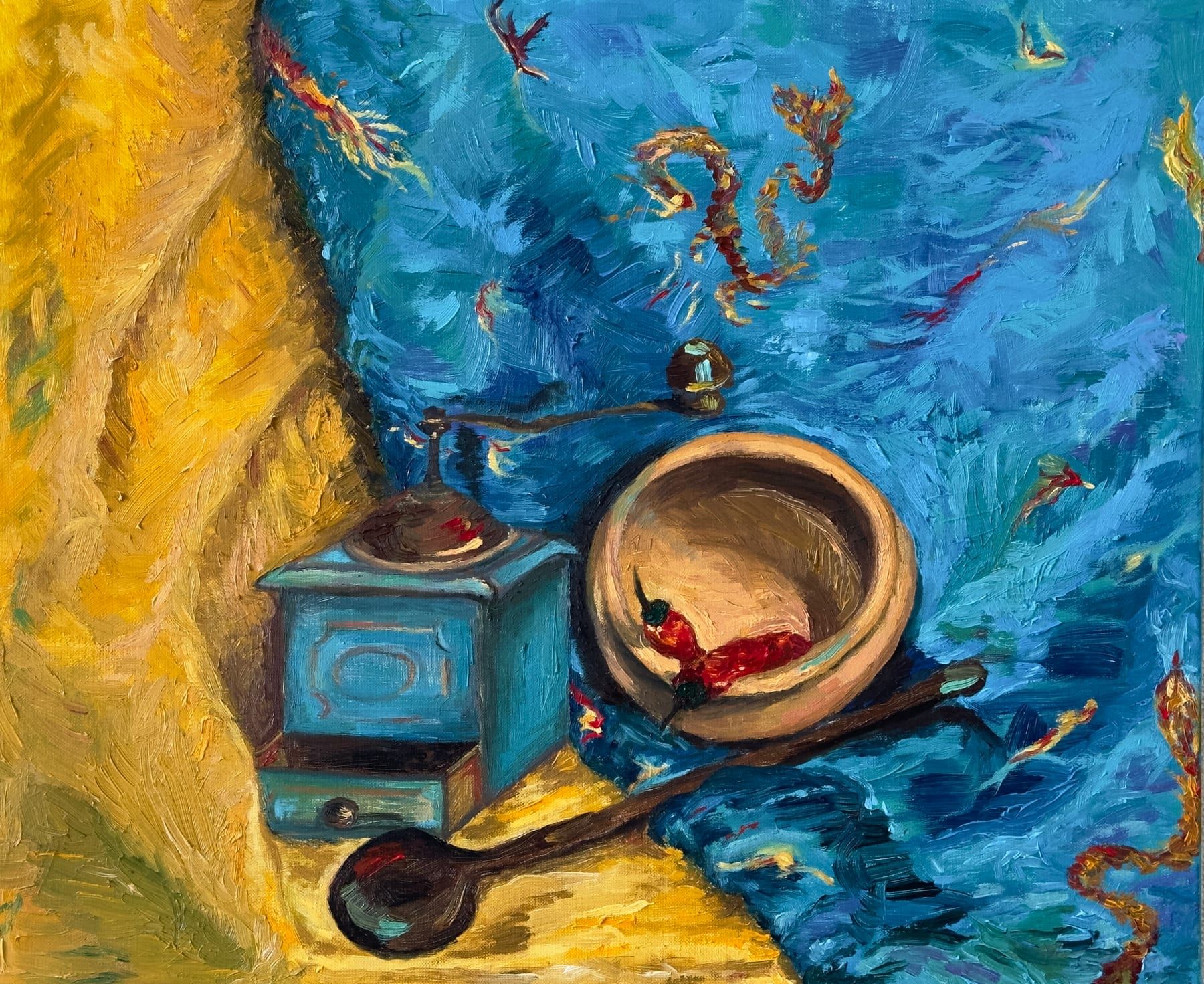 Vibrantly coloured oil still life with expressive brushwork and contrasting tones.