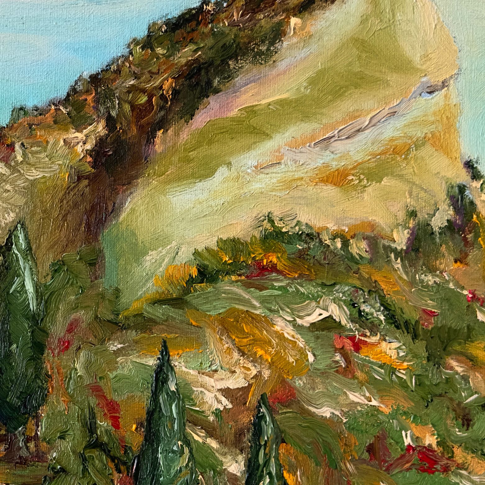 Close-up photograph of the original oil paint brushwork and surface texture in Whispers of the Mountains by Inna Luzhetska.