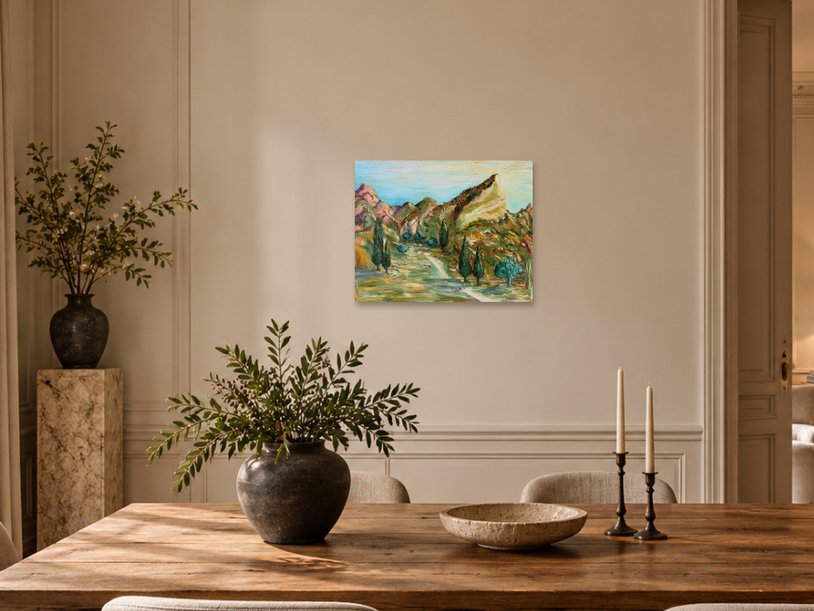 Illustrative interior mockup of Whispers of the Mountains by Inna Luzhetska in a european dining room.