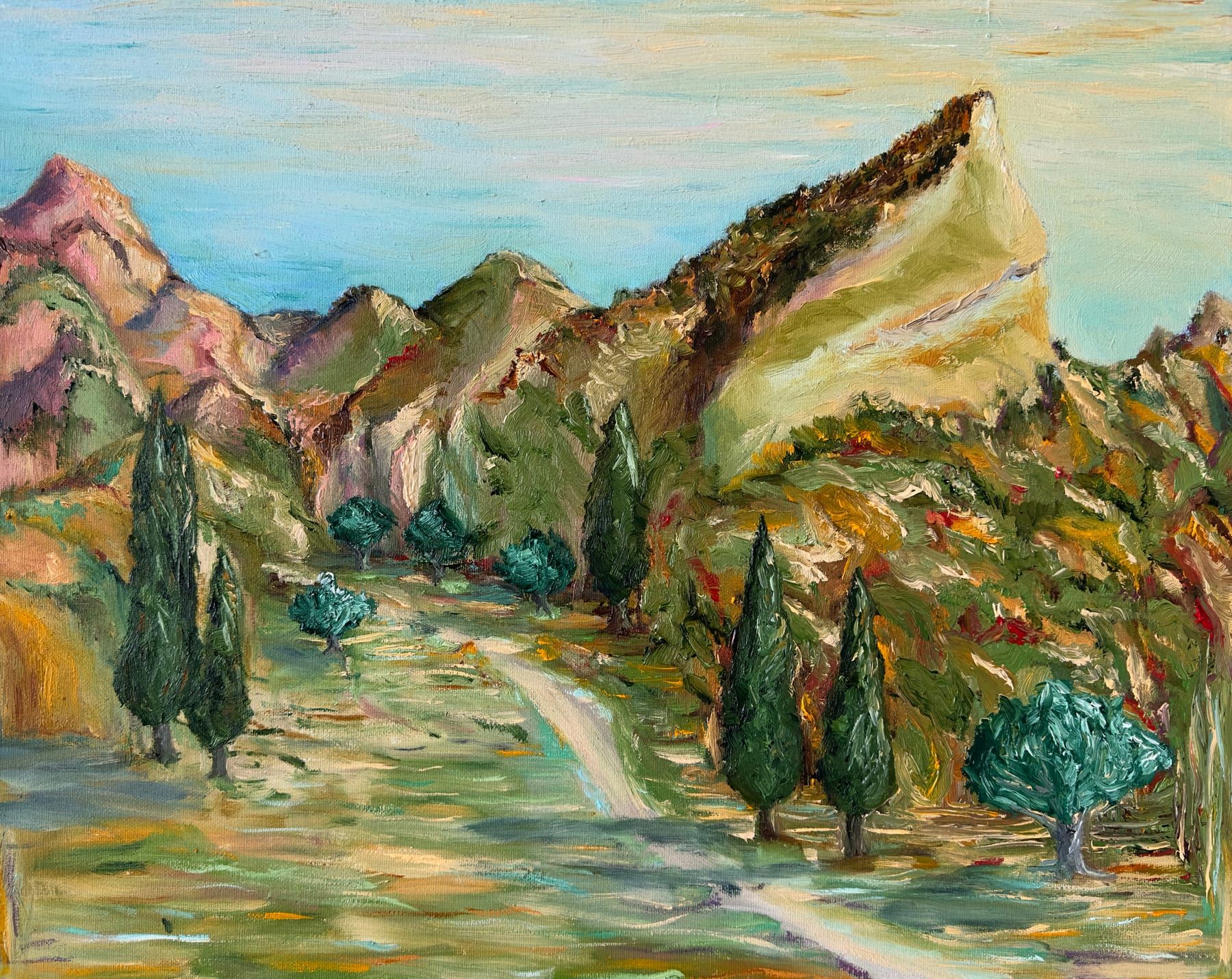 Expressive oil painting of Georgian mountain peaks in earthy colours and shifting light.